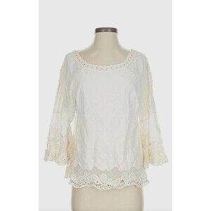 Democracy Womens Size M Cream Lace Boho Peasant Blouse Cold Shoulder Top 1147R4